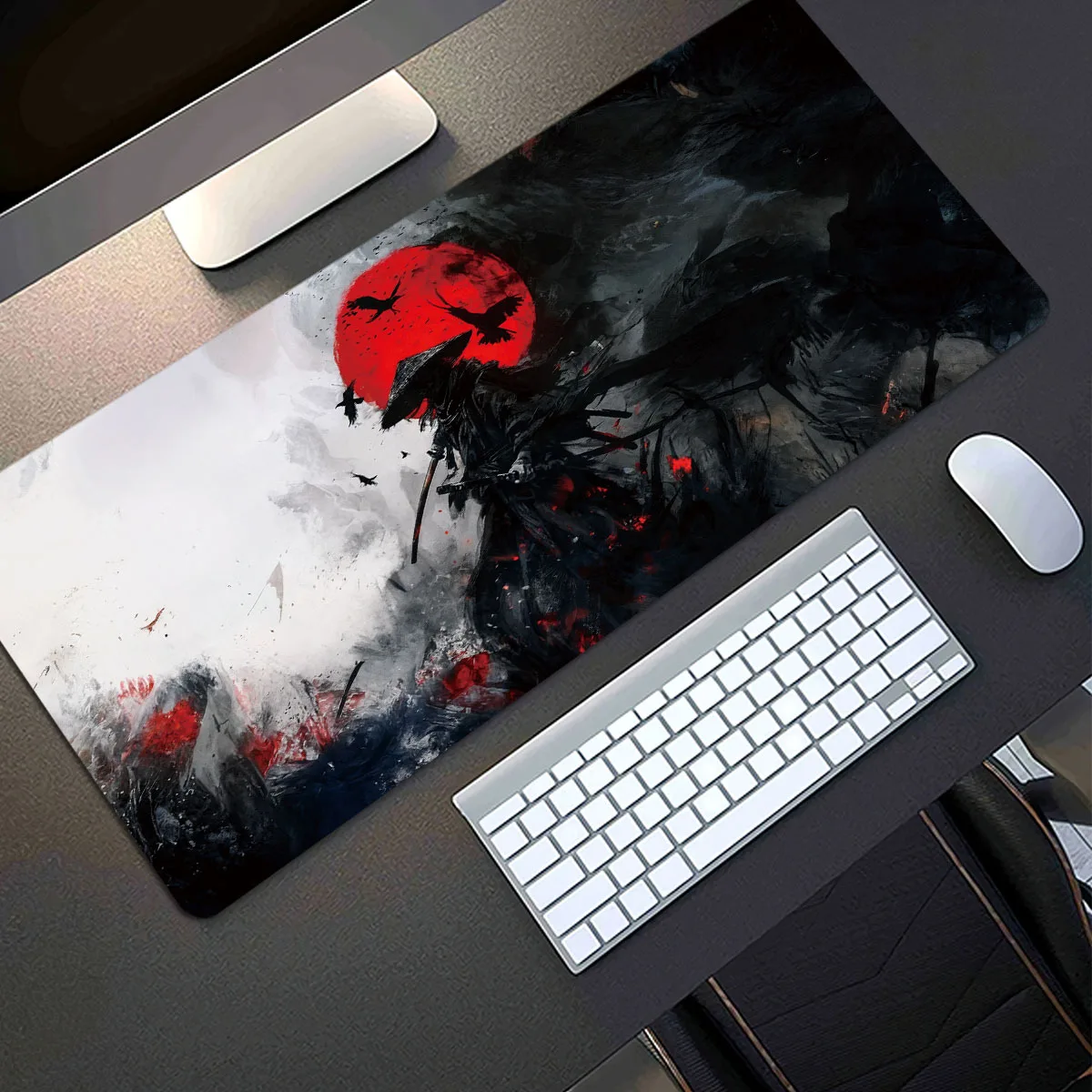 Samurai Drawing Sword Patterns - Laptop Protective Pads Study Desk Extended Gaming Mouse Pad and PC Desktop Keyboard Mat-Red Sun