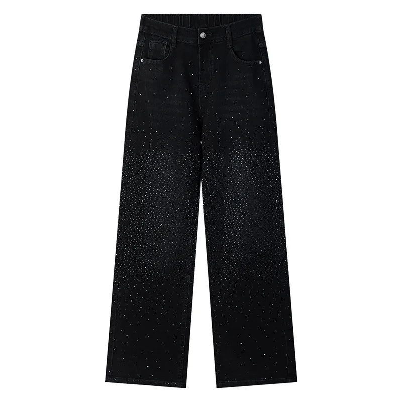 

Women's Plus Size High Waist Denim Pants Hot Drilling Straight Leg Jeans Fashion Floor Length Trousers 2610