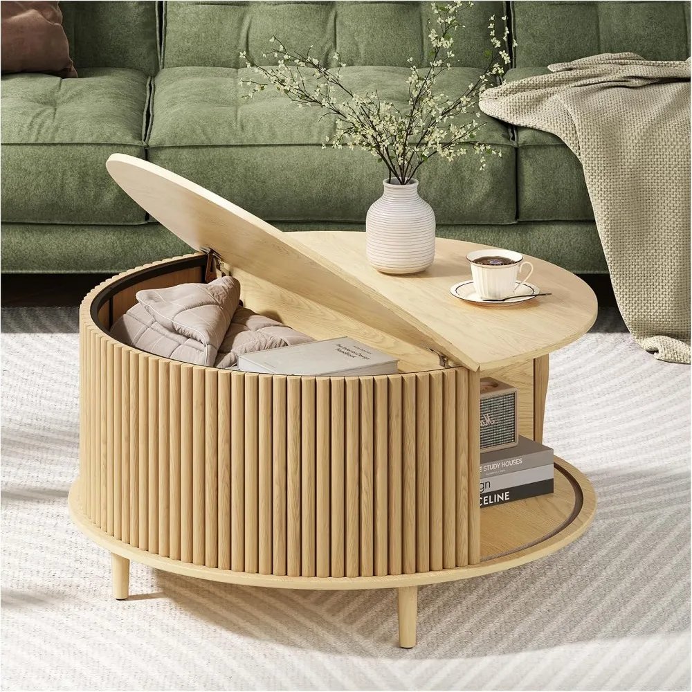 

Round Coffee Table with Storage,Mid Century Modern Dining Table with Sliding Cabinet Door for Living Room,Home Small Space