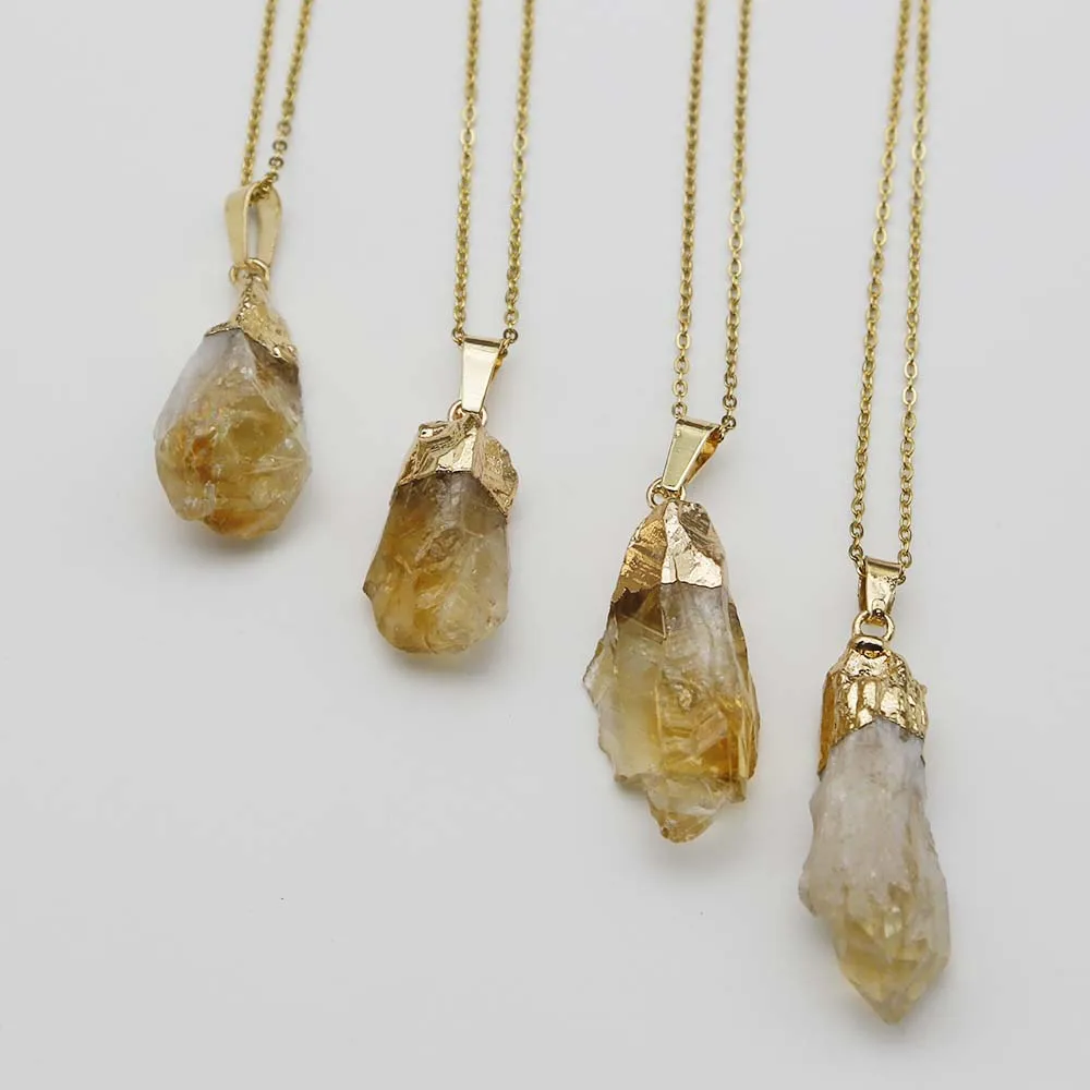 Natural Raw Stone Irregular Topaz Pendant Gold Plated Stainless Steel Chain Women's Necklace Diy Charm Jewelry Wholesale 4Pc/Lot