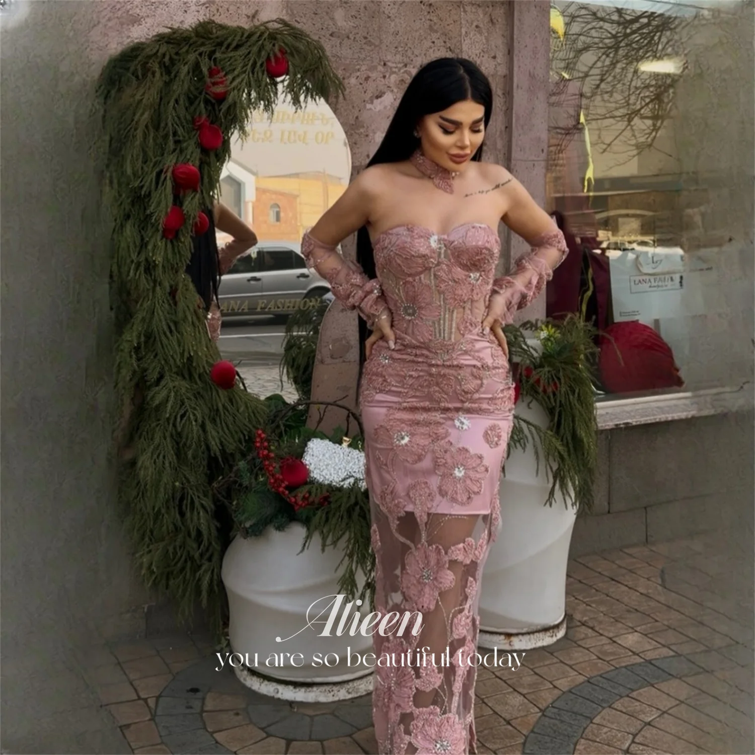 

Aileen Lace Strapless Pink Mermaid Evening Dress 2026 Prom Dress Sleeveless Flowers Beading Formal Evening Party Gown Customized