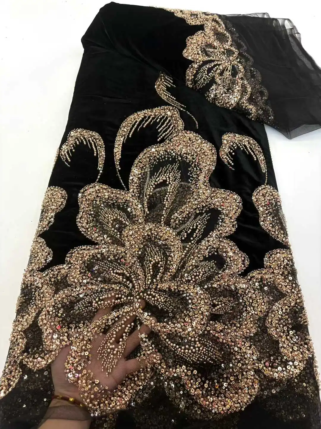 2025 Black African Nigerian Velvet Lace Fabric High Quality Lace Fabric with Stones Beads for Sewing Wedding Party Cloth CC1569