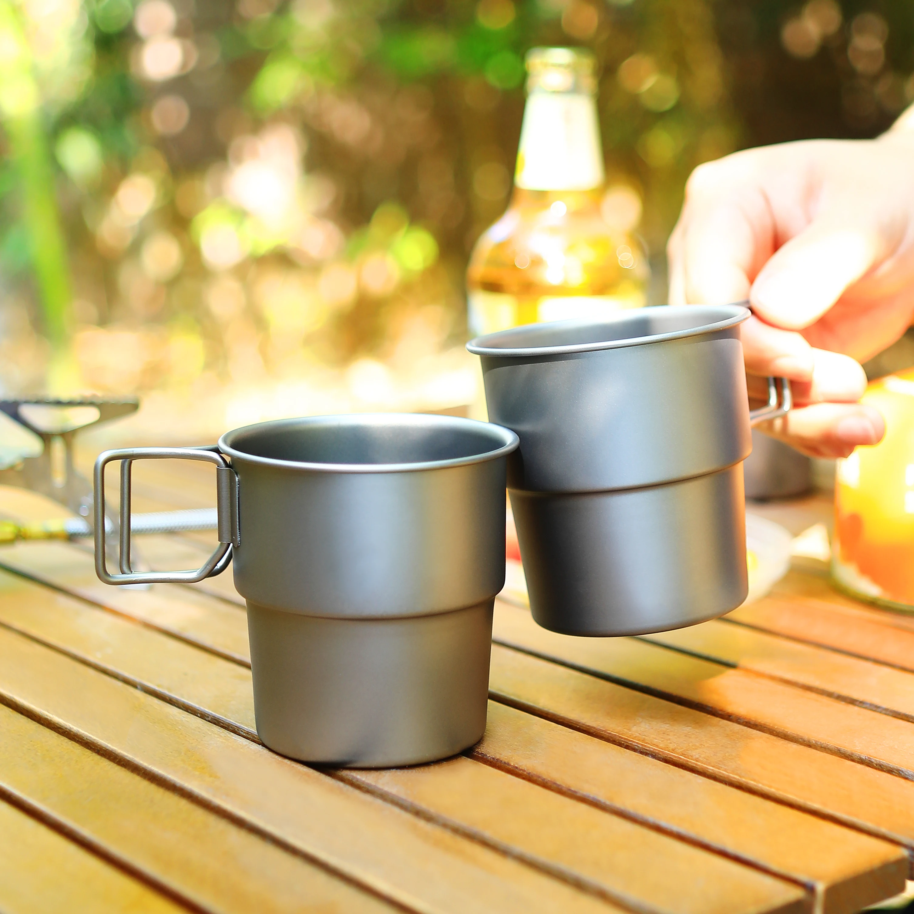 Portable Outdoor Titanium 300ml Water Cup Foldable Handle Beverage Juice Mug Stackable Coffee Beer Camping Carrying Bag