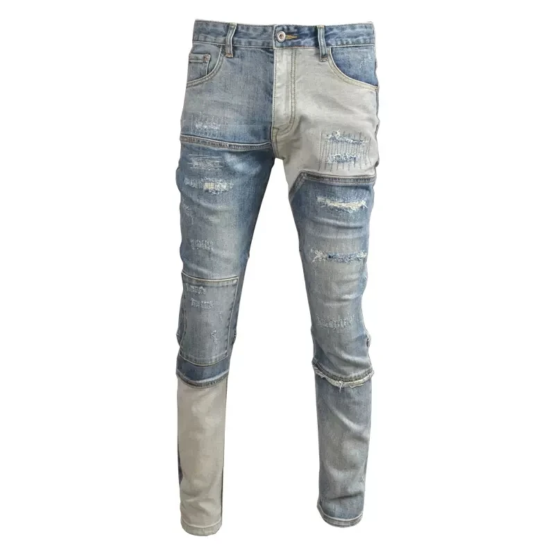 Jean déchiré bleu clair pour hommes, Streetwear d'automne, Patchwork, coupe Slim, pantalon crayon, mode décontracté, Denim, CP2021