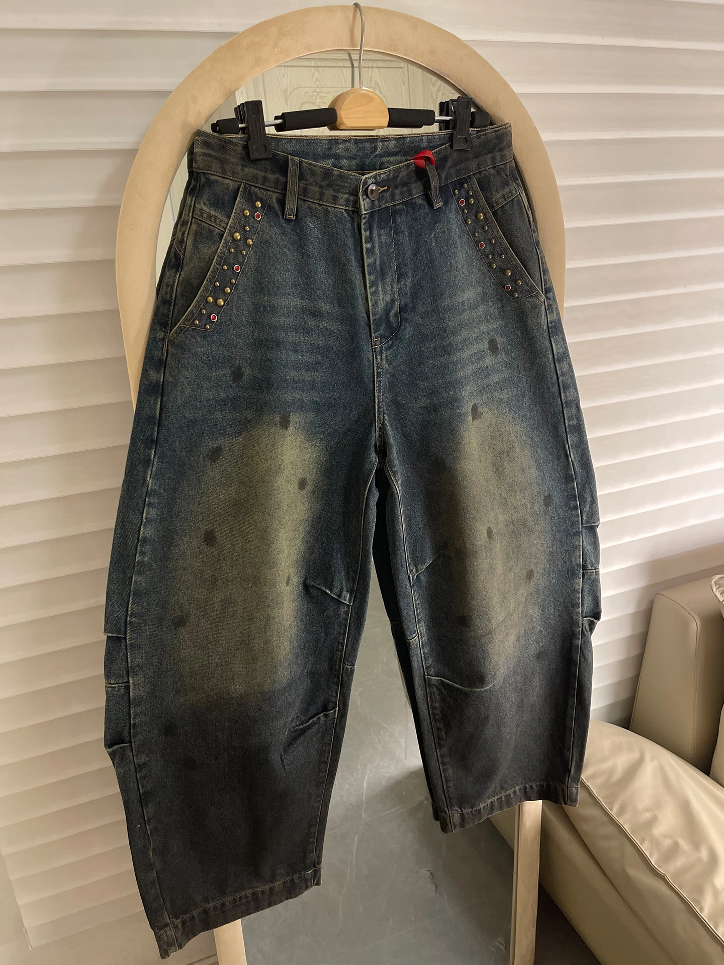 

Parisian Sle Heavy Du Rivet Knife Jeans Men's American Waed Loose Straight Leg Dir Wide Leg Long Pants Casual Cotton
