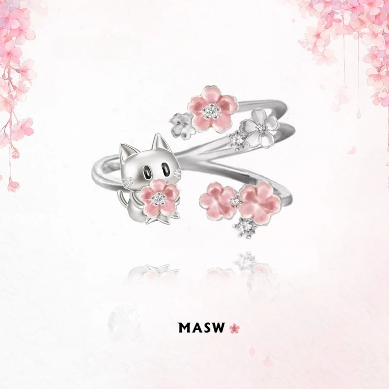 MASW Original Design Sweet Korean Temperament Pink Flower Cat Open Rings For Women Party Gifts Lovely Jewelry Accessories