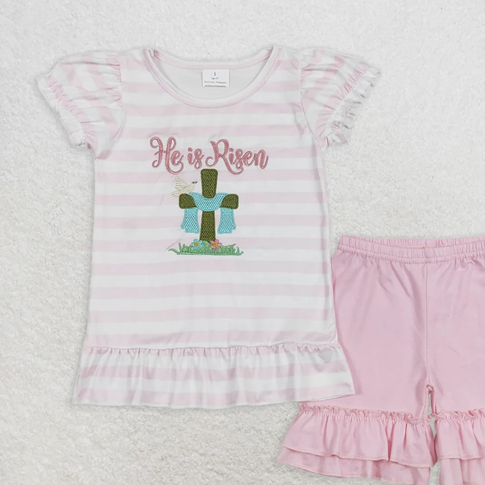 Ensemble chemise et t-shirt de pâques pour bébés filles, avec short à volants à rayures roses, pour le printemps