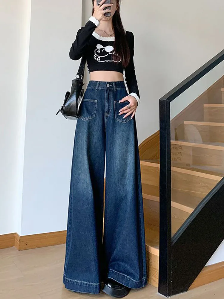 Szerokie jeansy damskie vintage z wysokim stanem, luźne spodnie dżinsowe oversize w stylu koreańskim, modne, proste, retro, vaqueros.