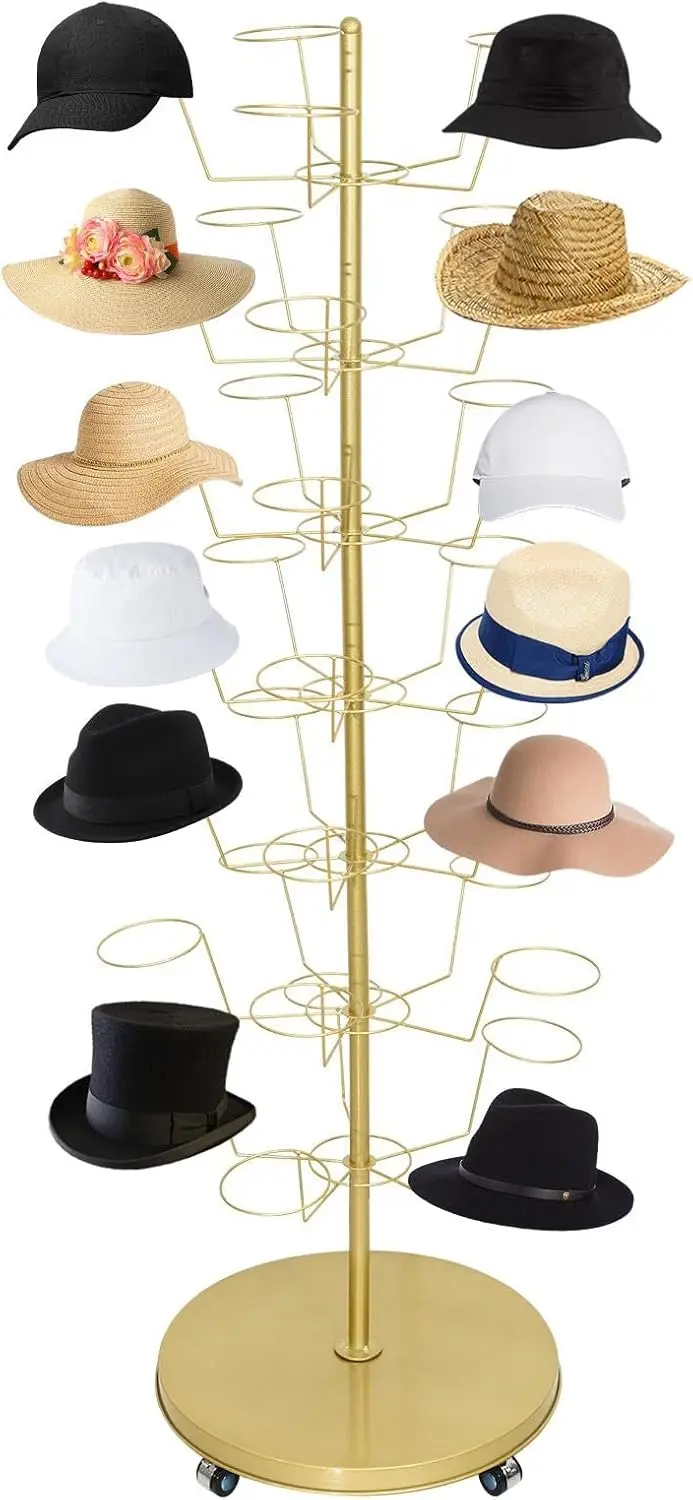 Hat Rack - 7-Tier Gold Freestanding Hats Rack Stand - 35 Hooks Wig Retail Hanger, Hat Holder for Bedroom Entrance