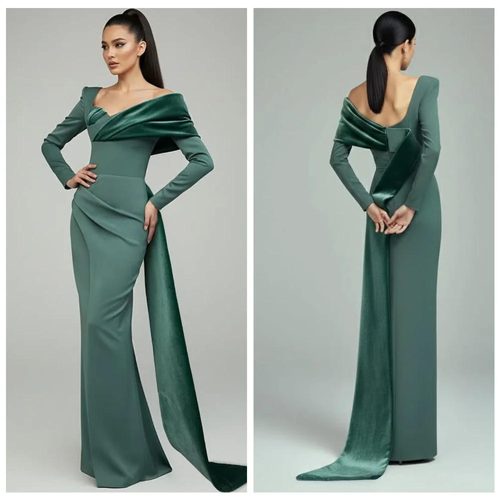

Custom Made Off Shoulder Pleated Maxi Length Evening Dress Backless Long Sleeve Sheath Bridal Prom Dress with Train