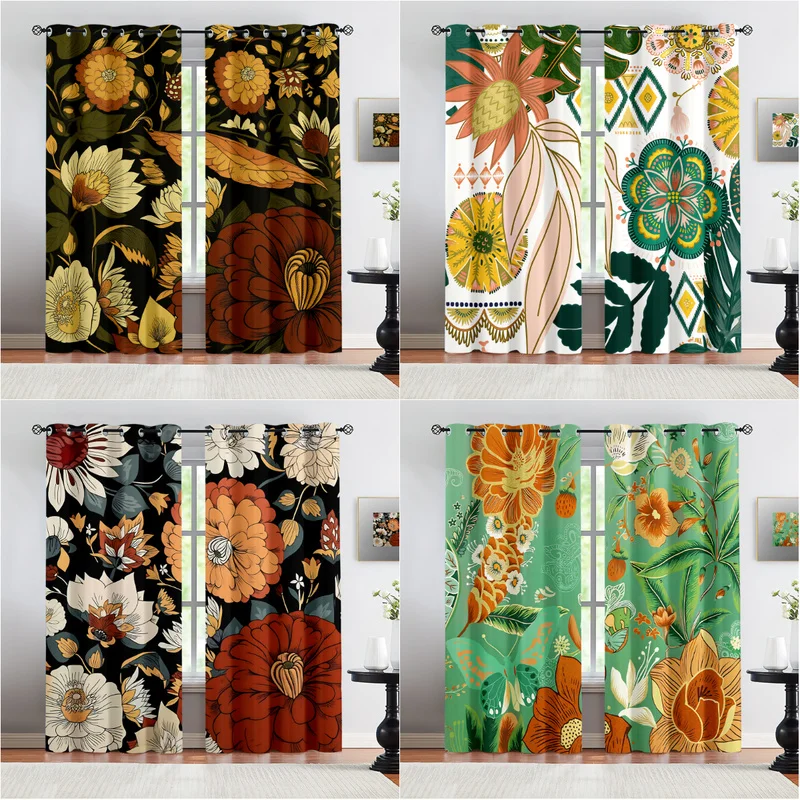 Bohemian Tropical Floral Print Curtains Thermal Insulated Window Drapes for Bedroom Living Room Home Decor Light Blocking