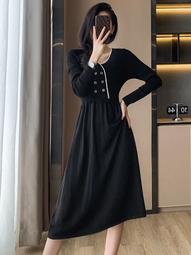 Vintage Black Patchwork Long Elegant dresses For Women Fall Winter V-neck Double-breasted Sweater Dresses for Formal Occasions