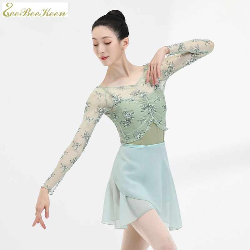 long sleeves mesh ballet leotard girls dance top adult summer ballet dance outfits ballerina coat green ballet top for women