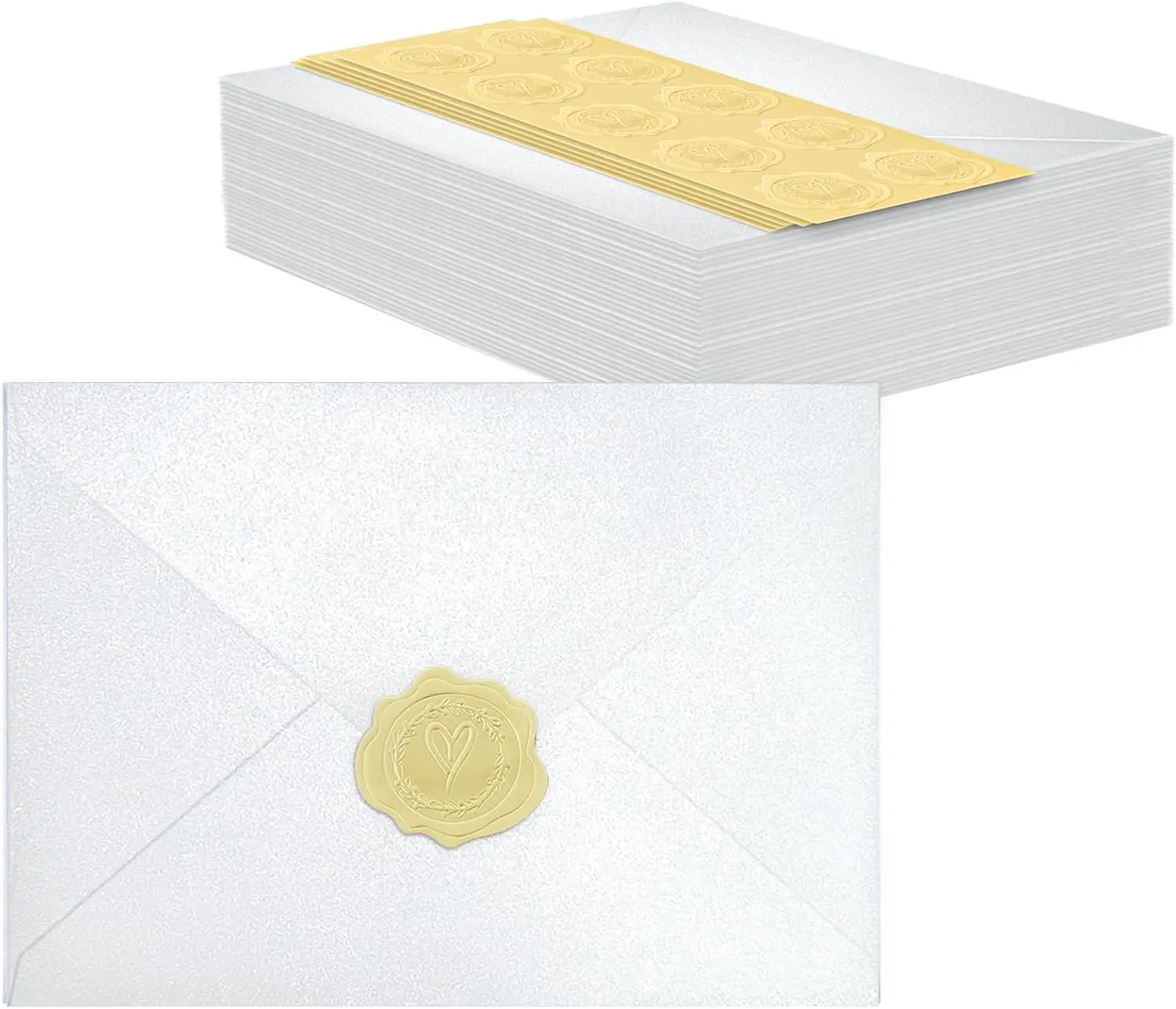 

50 A7 Pearl White Envelopes with Stickers, 5.25x7.25in for Wedding Invitations & More