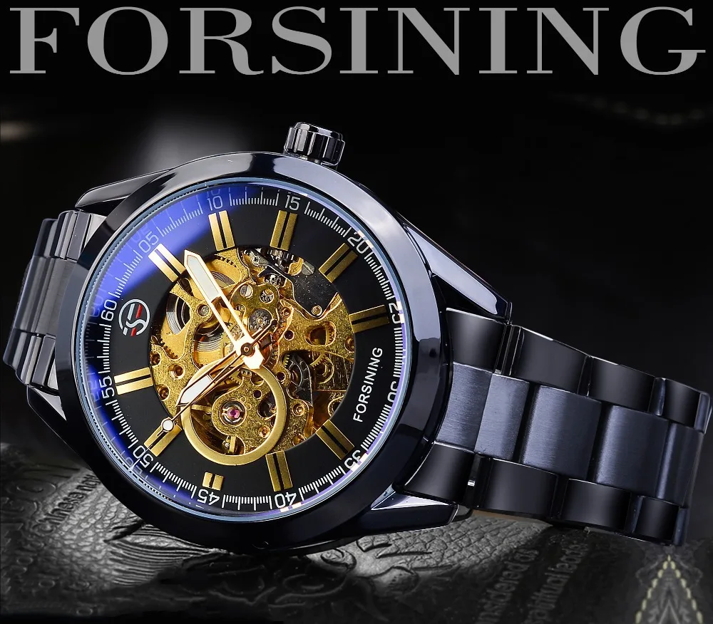 Fashion Forsining Top Brand Men Casual Hollowed Out Blue Glass Waterproof Automatic Mechanical Full Black Stainless Steel Watch