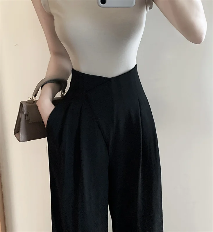 ارتفاع الخصر الكورية Sle دعوى السراويل النسائية عارضة فضفاض مستقيم الساق السراويل الطويلة التخسيس تنوعا واسعة الساق السراويل