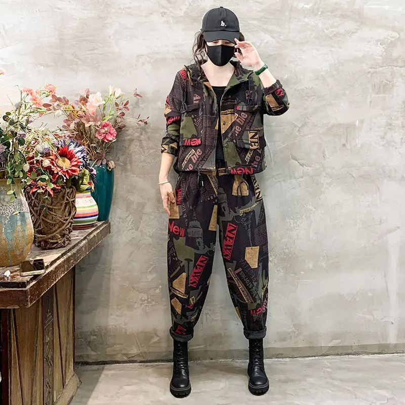 

New Spring And Autumn Thin Harlan Pants Women's Set Two Piece Fashion Loose Cotton And Hemp Casual Coat 9-inch Pants