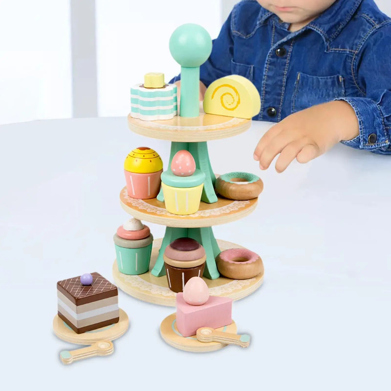 Wooden Tea Party Set Dessert Stand Playset Role Play Educational Pretend Food Play Kitchen Accessories for 2 3 4 5 6 Year Old