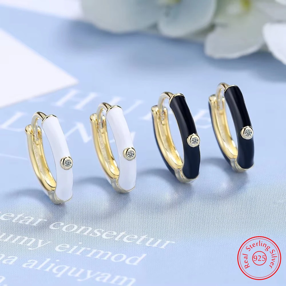 

Solid 925 Sterling Silver Jewelry New Original Fashion CZ Zircon Crystal Black Round Hoop Earrings For Women FQL22208