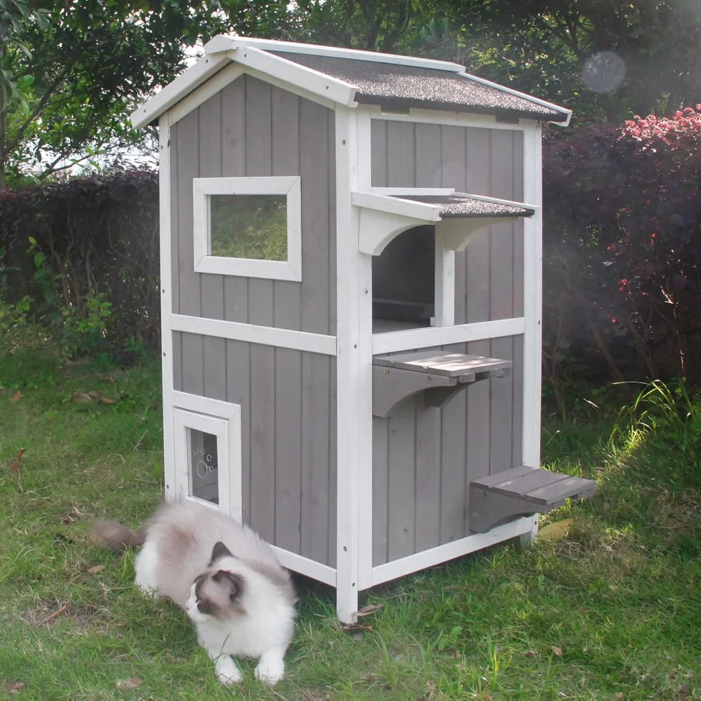 

Cat House for Outdoor & Indoor Wooden Waterproof Cat Condo Cat Outdoor Enclosure with Escape Door,2 Story Kitty House