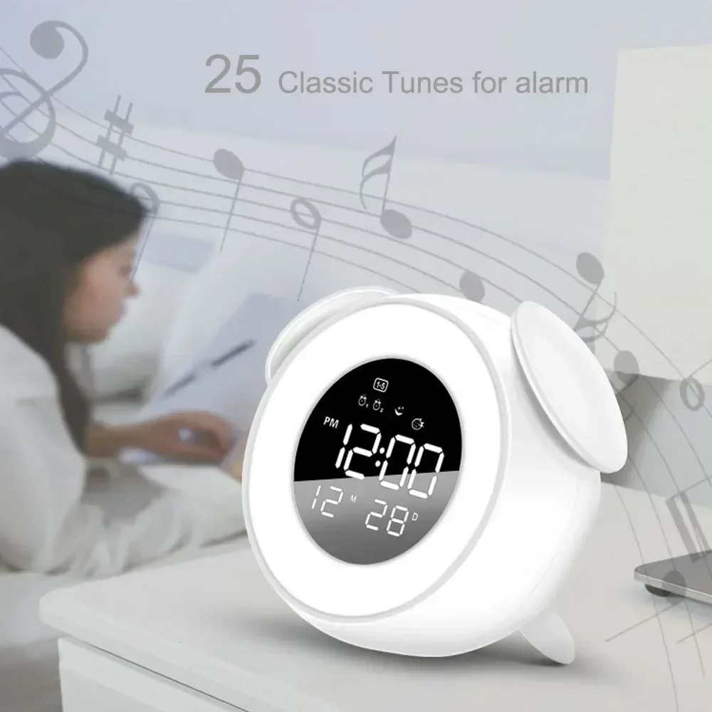 

Bedside Sunrise Sunset Wake Up Light Digital Led Music Alarm Mirror Clock Bedroom Desk Calendar Snooze Clock Table Phone Charger