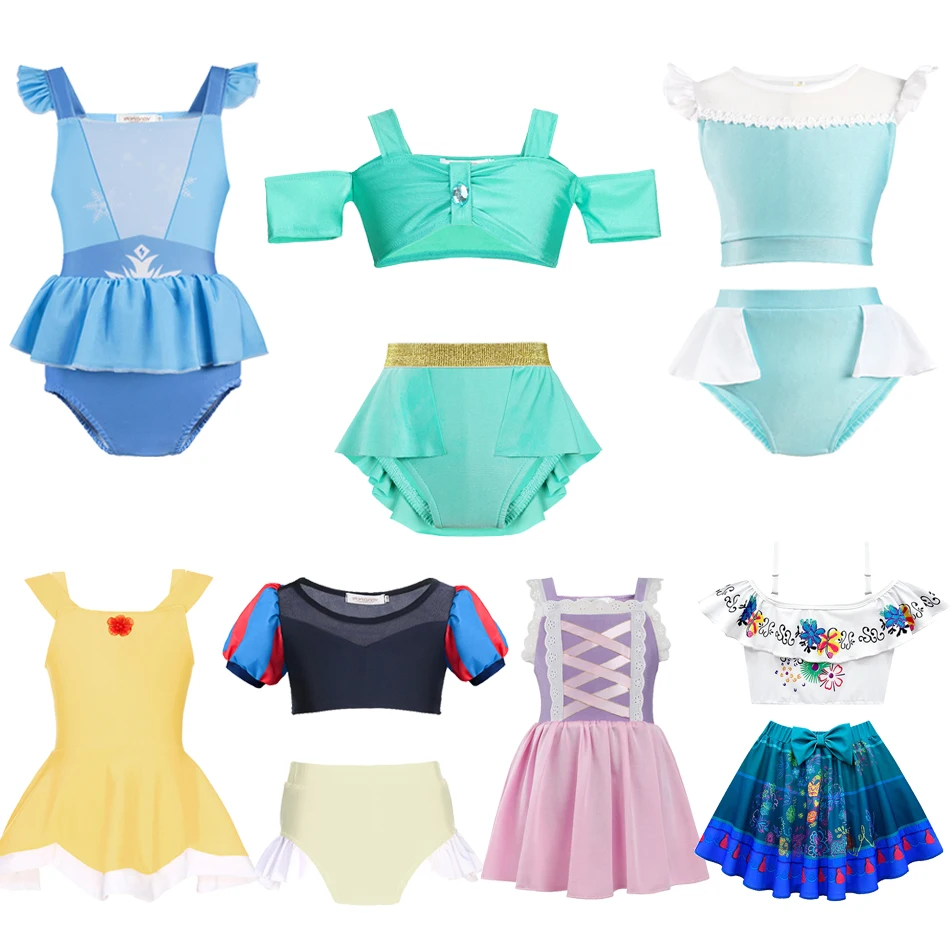 Princess Snow White Baby Girls Two Pieces Swimsuit Set Top Skirt Elsa Anna Swimwear Mirabel Bikini Beachwear Kids Bathing Suit