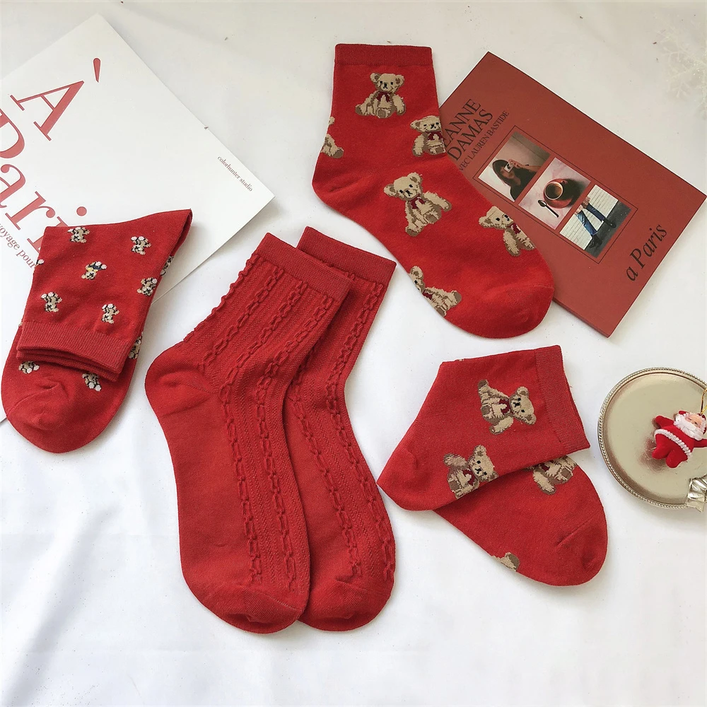 Socks Red Gift Ideas Christmas Stocking Men's And Women's Underwear And Home Clothes Bear Socks Middle Cylinder Cute Socks Plaid