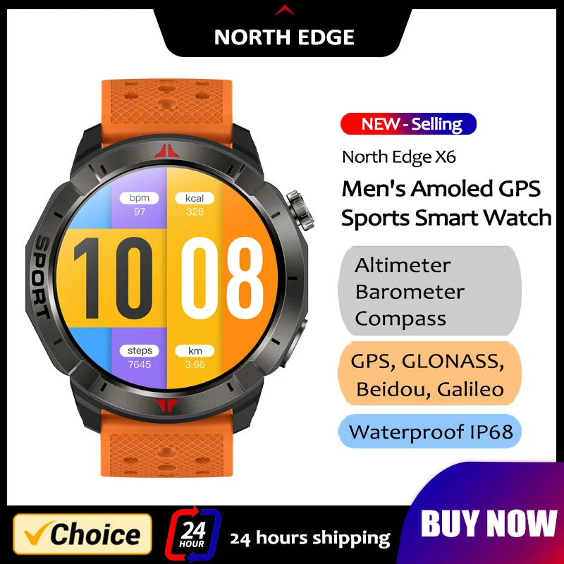 NORTH EDGE GPS Smart Watch 1.43'' Amoled Display AOD Bluetooth Call Altitude Barometer Compass LED Flashlight World Time IP68