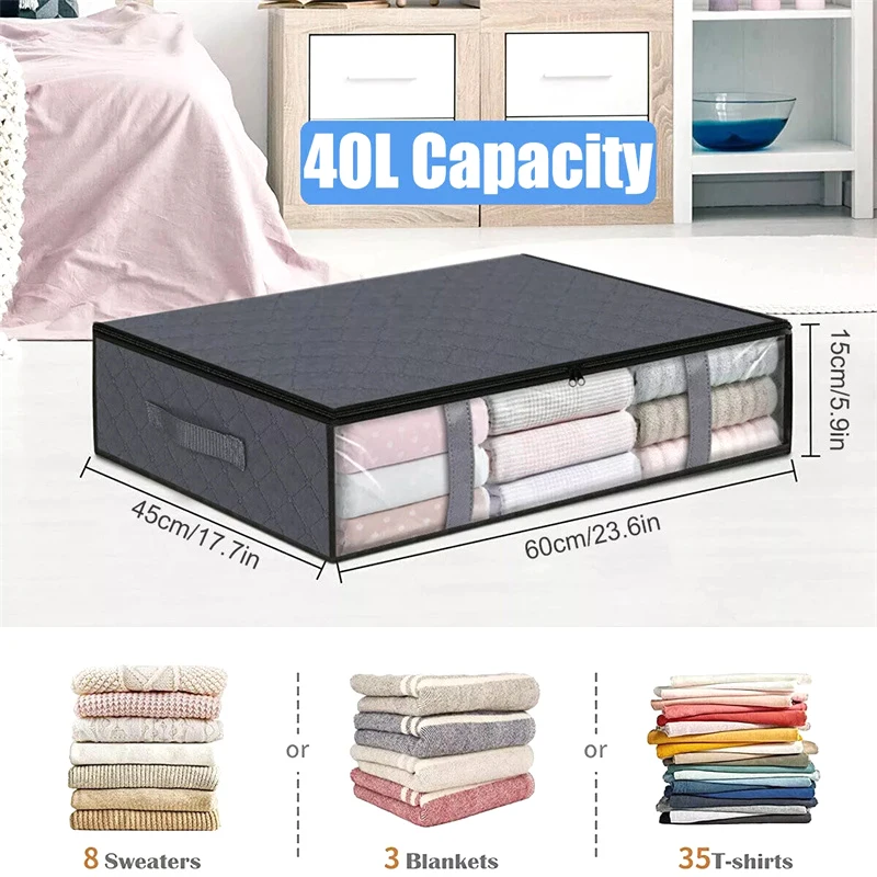 2Pcs Under Bed Storage Bags 40L Underbed Storage Containers With Reinforced Handles Zipper Non-Woven Storage Bins Foldable Bag