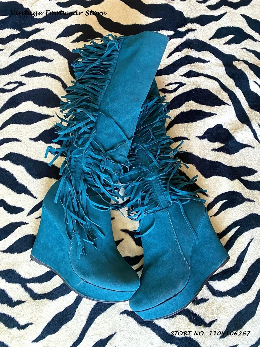 Vintage Faux Suede Fringe Wedges Boots Solid Round Toe Plus Size Party Office Shoes Women's Fashion Street Style Knee-high Boots