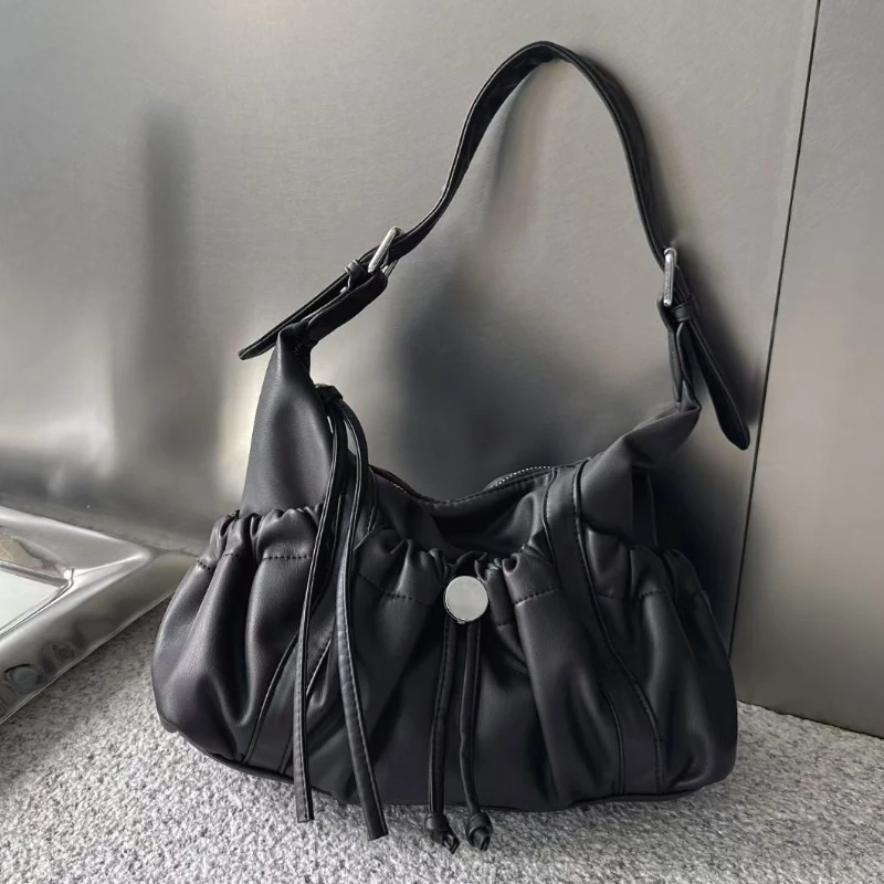 Retro Pleated Soft Pu Leather Single Shoulder Bag with Multiple Pockets Design Y2K Punk Style Large Capacity Motorcycle Bag