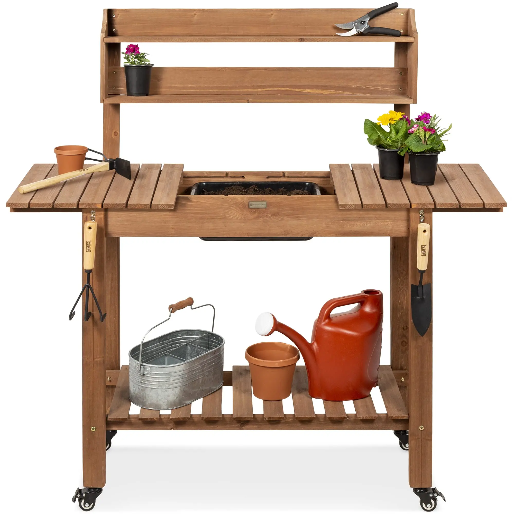 Mobile Garden Potting Bench, Outdoor Wood Workstation Table w/Sliding Tabletop, 4 Locking Wheels, Food Grade Dry Sink