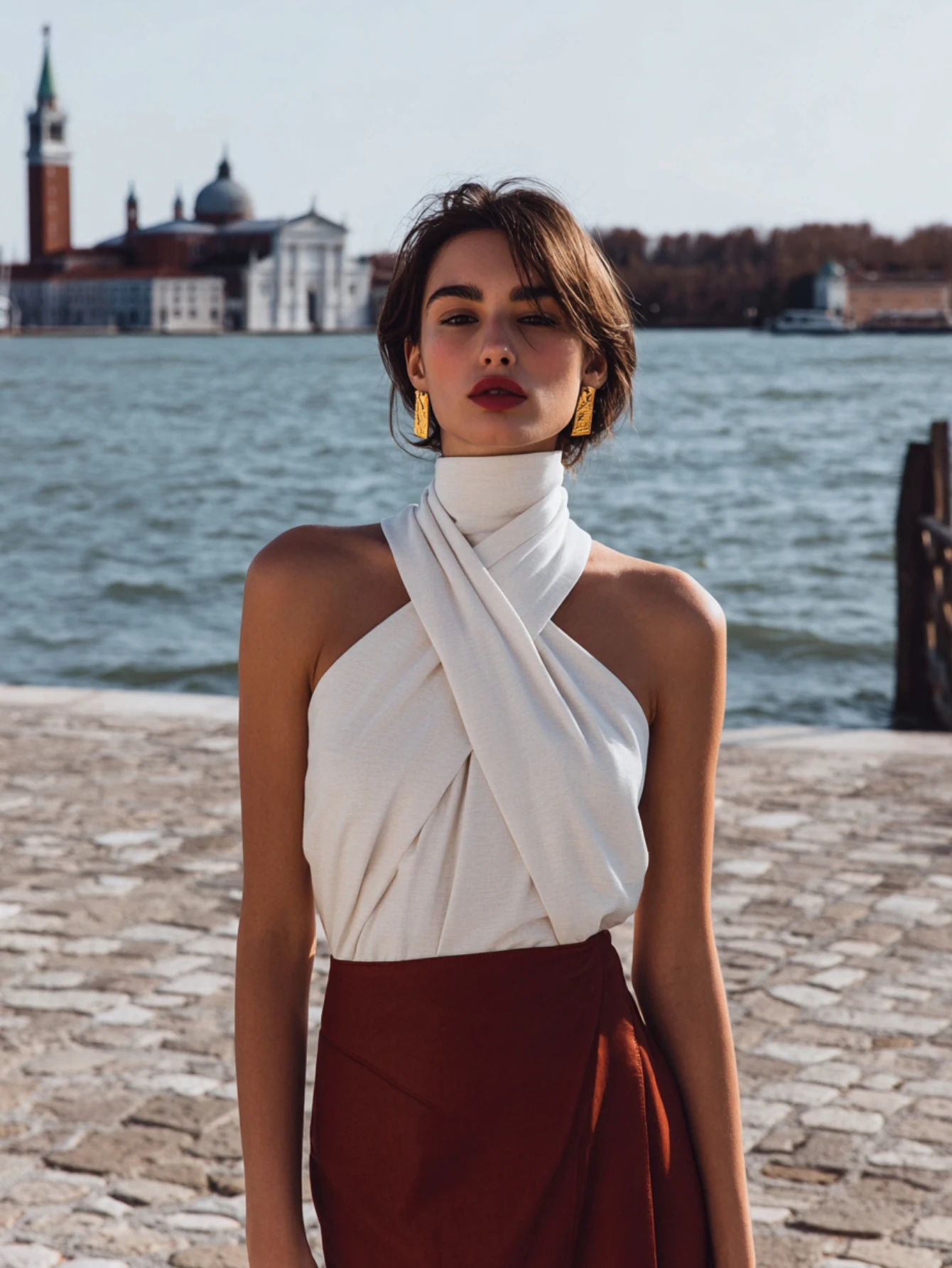 

Mia Muse Select Women's Blouses Summer Elegant Chic French 2025 Trendy Folds Plain Sleeveless High Neck Casual Blouses