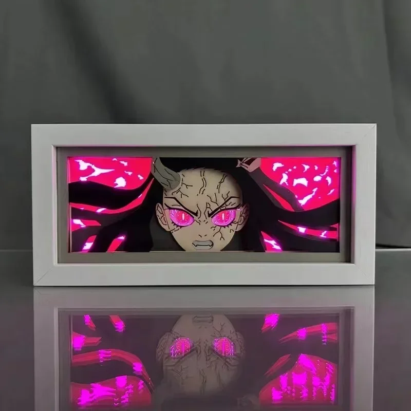 Caixa de luz de anime demon slayer, kimetsu no yaiba, caixa de sombra com corte de papel para decoração de casa, lâmpada de mesa de mangá, nezuko kamado