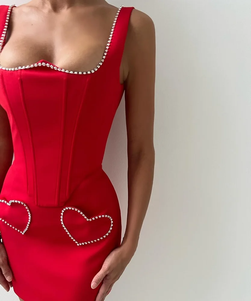 

2024 Summer New Red Love Diamond Vest Top Short Skirt Sexy Two-piece Suit