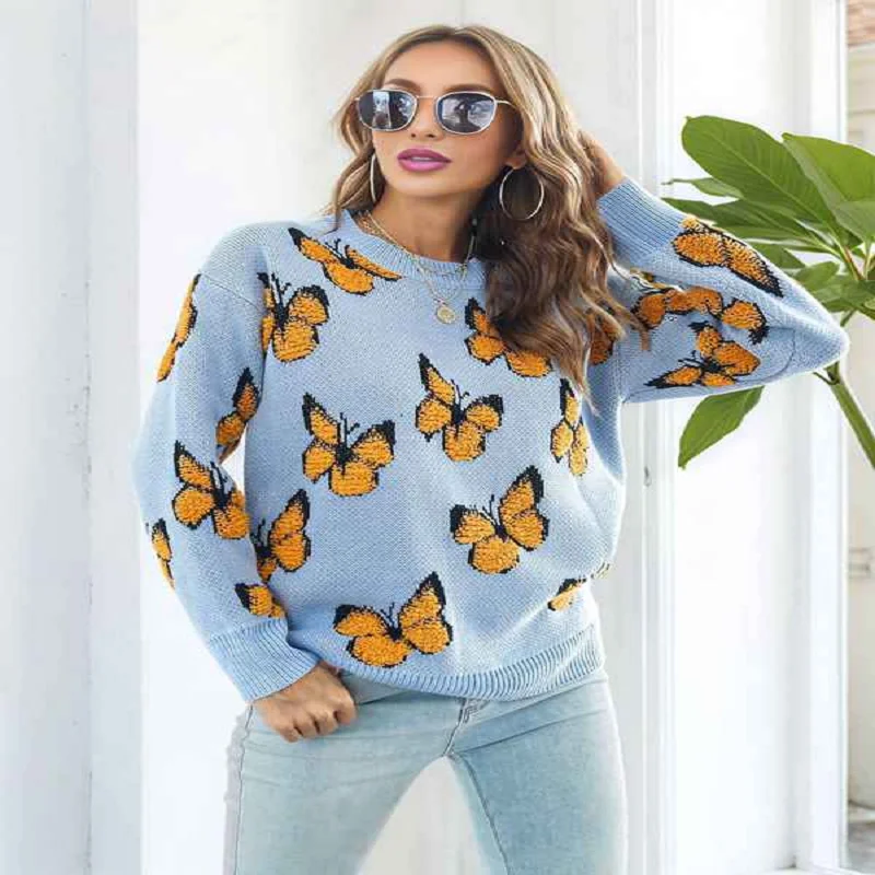 Y2k فراشة الجاكار المرأة سترة الخريف الشتاء عالية Stree موضة الدافئة تريكو ملابس نسائية غير رسمية فضفاضة البلوز القمم