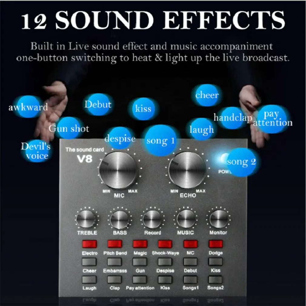 

Универсальная внешняя звуковая карта V8, звуковая карта для живых выступлений, аудиомикшер, внешняя USB-гарнитура, микрофон, для мобильных устройств и компьютеров, дропшиппинг