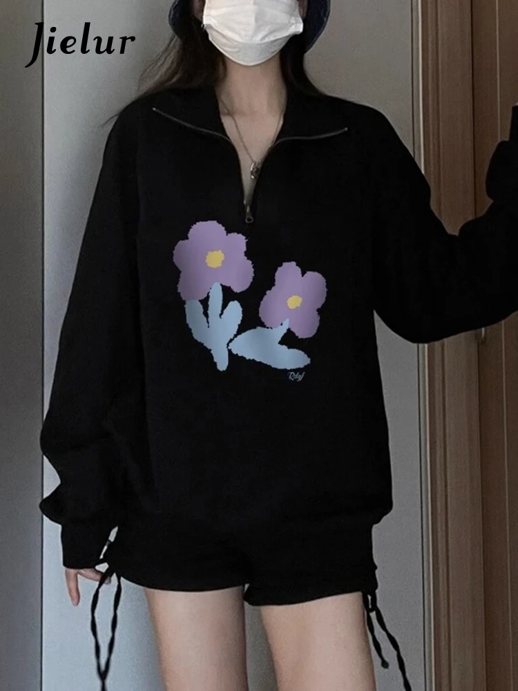 

Jielur Printed Zipper Polo Black Women's Hoodies Solid Color Long Sleeve Loose Pullovers White Fashion Female Hoodies Streetwear
