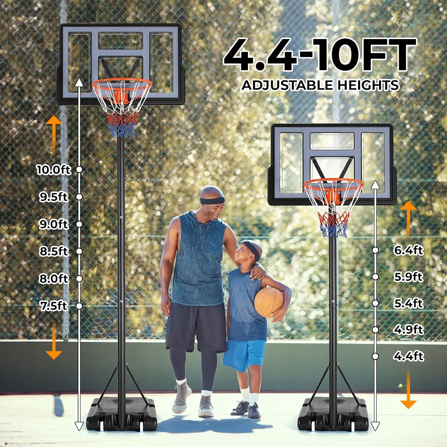 XMSJ 4,4-10ft in hoogte verstelbare basketbalring buiten, draagbaar basketbaldoel, 44 inch onbreekbaar bord, invulbare basis