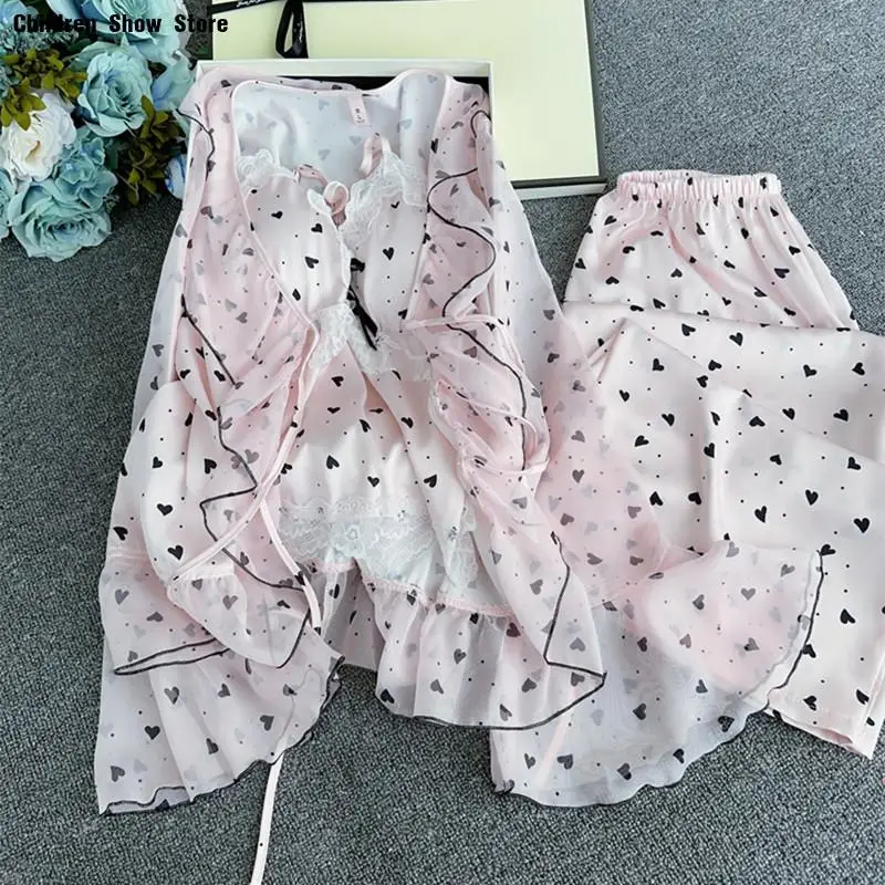 

3Pcs Princess Style Loungewear Home Clothes Women Satin Print Love Lace Trim Cami Top Pants with Cardigan Cozy Outwear Pajamas