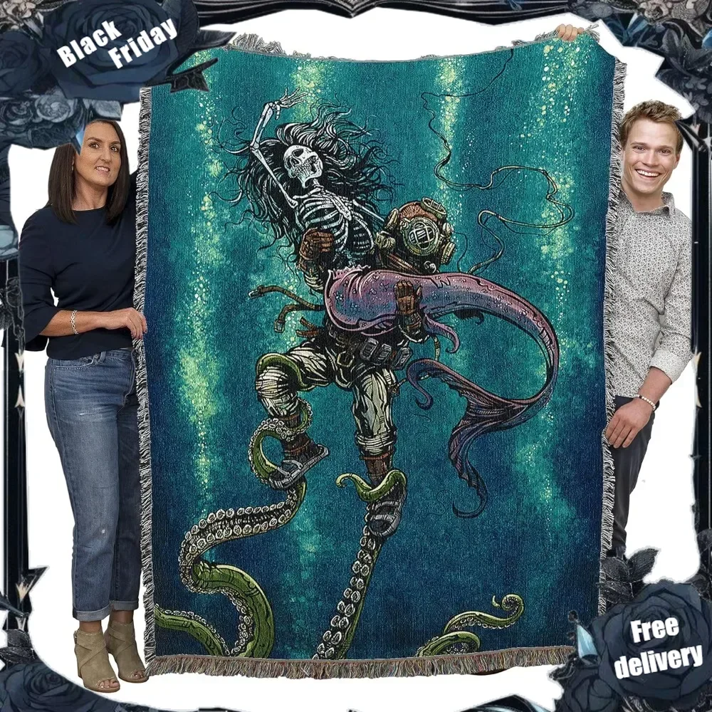 

Catch or Release Skeleton Blanket by David Lozeau - Gift Fantasy Tapestry Throw Woven from Cotton