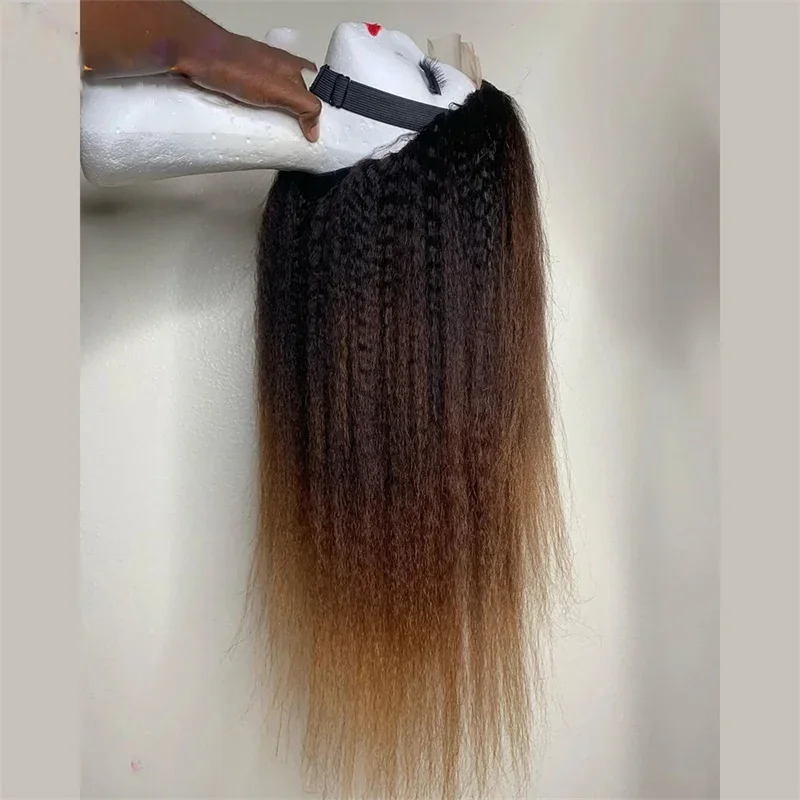 Soft 26Inch Long Ombre Brown Yaki Kinky Straight Lace Front Wig For Women With Baby Hair Glueless Preplucked Daily