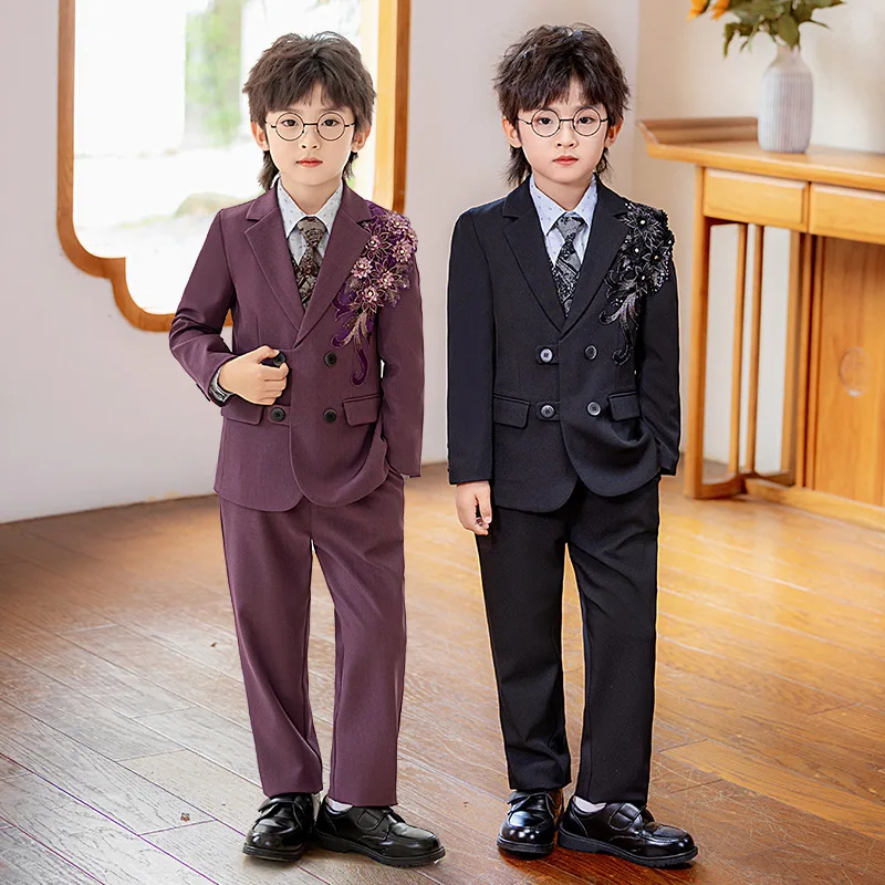 Kids Chinese Blazer Jacket Waistcoat Pants Clothes Sets Boys Formal Dress Suits Children Toddler Party Butterfly Leisure Suit
