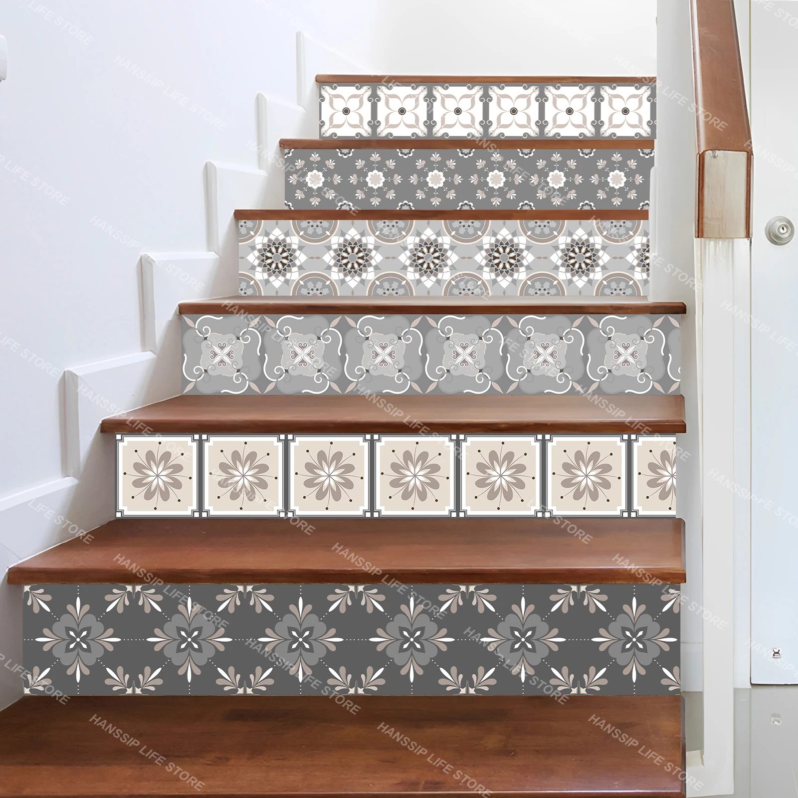 6pcs TBeautiful Tile Imitation CeramicTile Staircase Stickers PVC Vinyl Waterproof Anti-slip Step Stickers Living Room Murals