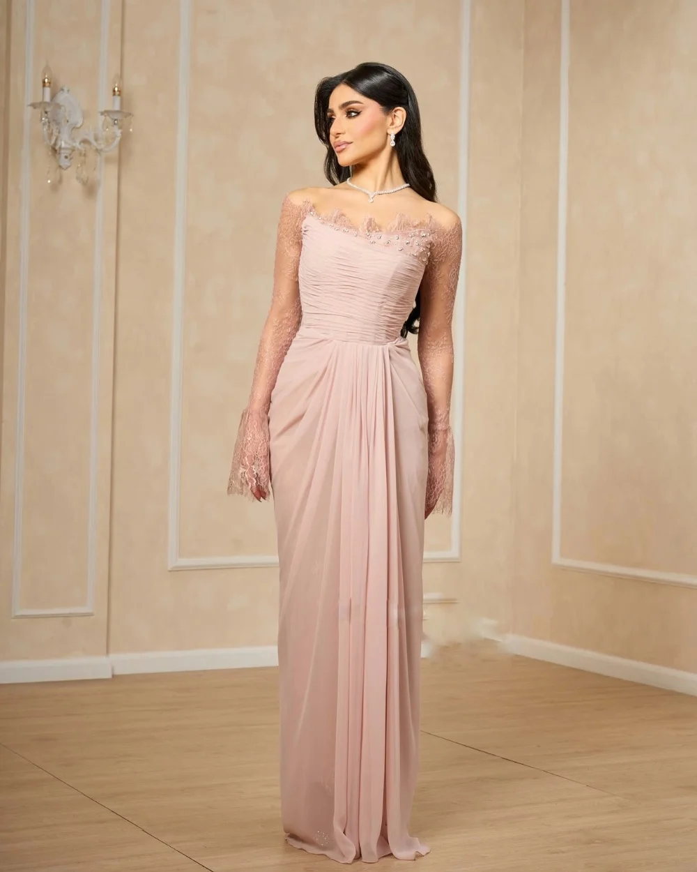 

Customized Exquisite Classic Chiffon Pleat Ruched Rhinestone Lace A-line Off-the-shoulder Long Dresses Bespoke Occasion Dresses