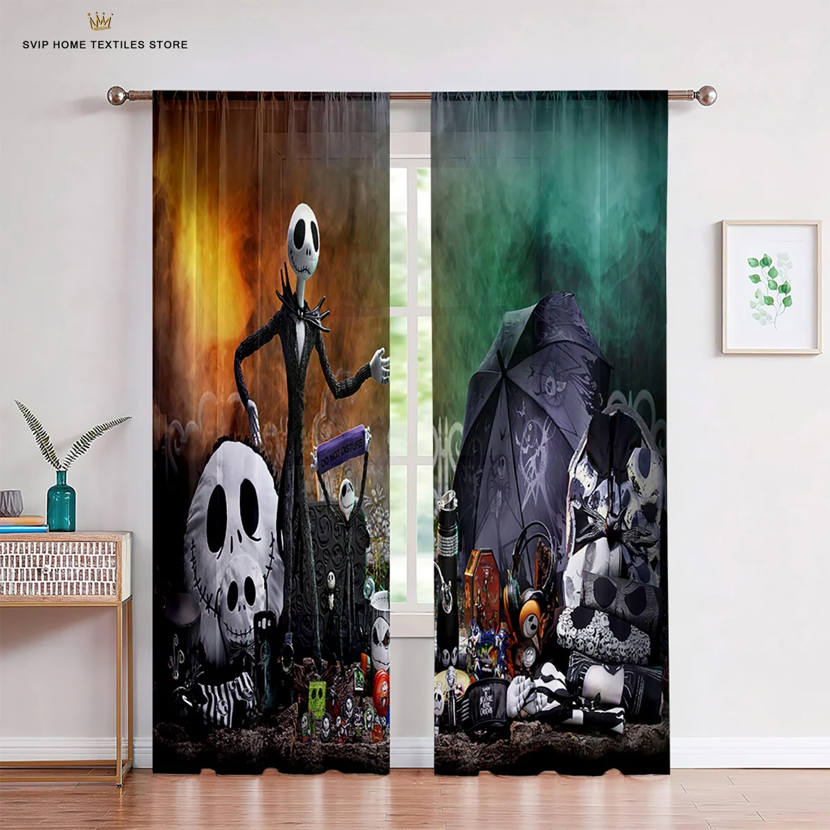 

Cartoon Skull Print Curtains for Children's Room, Holiday Decoration, Christmas, Halloween, New Year Gift, 2 Pcs