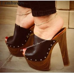 Casual Wood Platform Black Half Slippers Chunky High Heel Shoes For Women Slip On Peep Toe 2024 Modne Zapatos Para Mujere