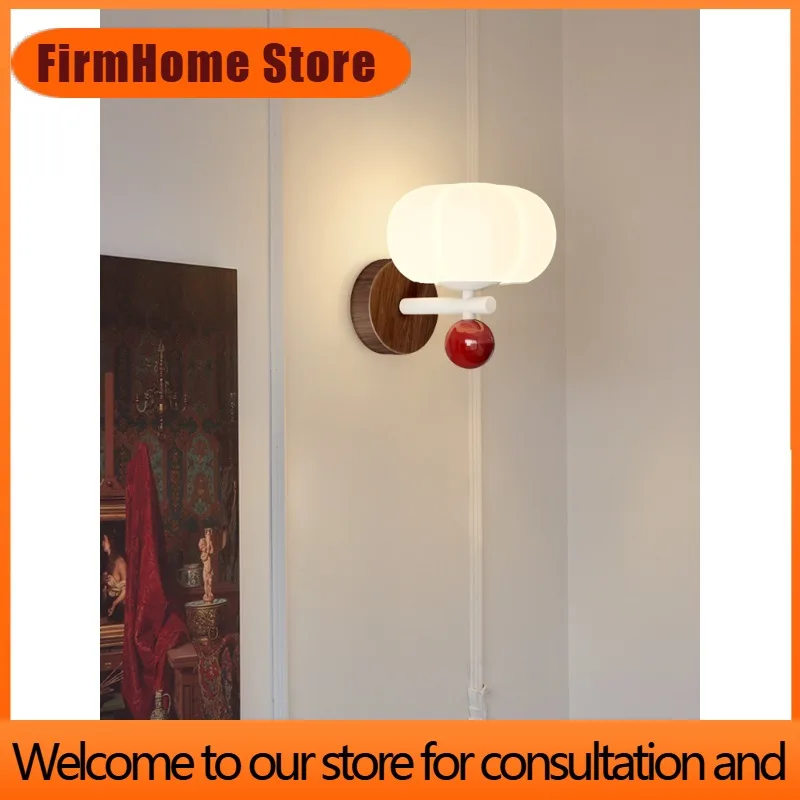 FirmHome StoreBedroom Bedside Wall Lamp Chandelier Nordic Wood Grain Cream Wind Living Room Pumpkin Decorative Lamp, Simple And