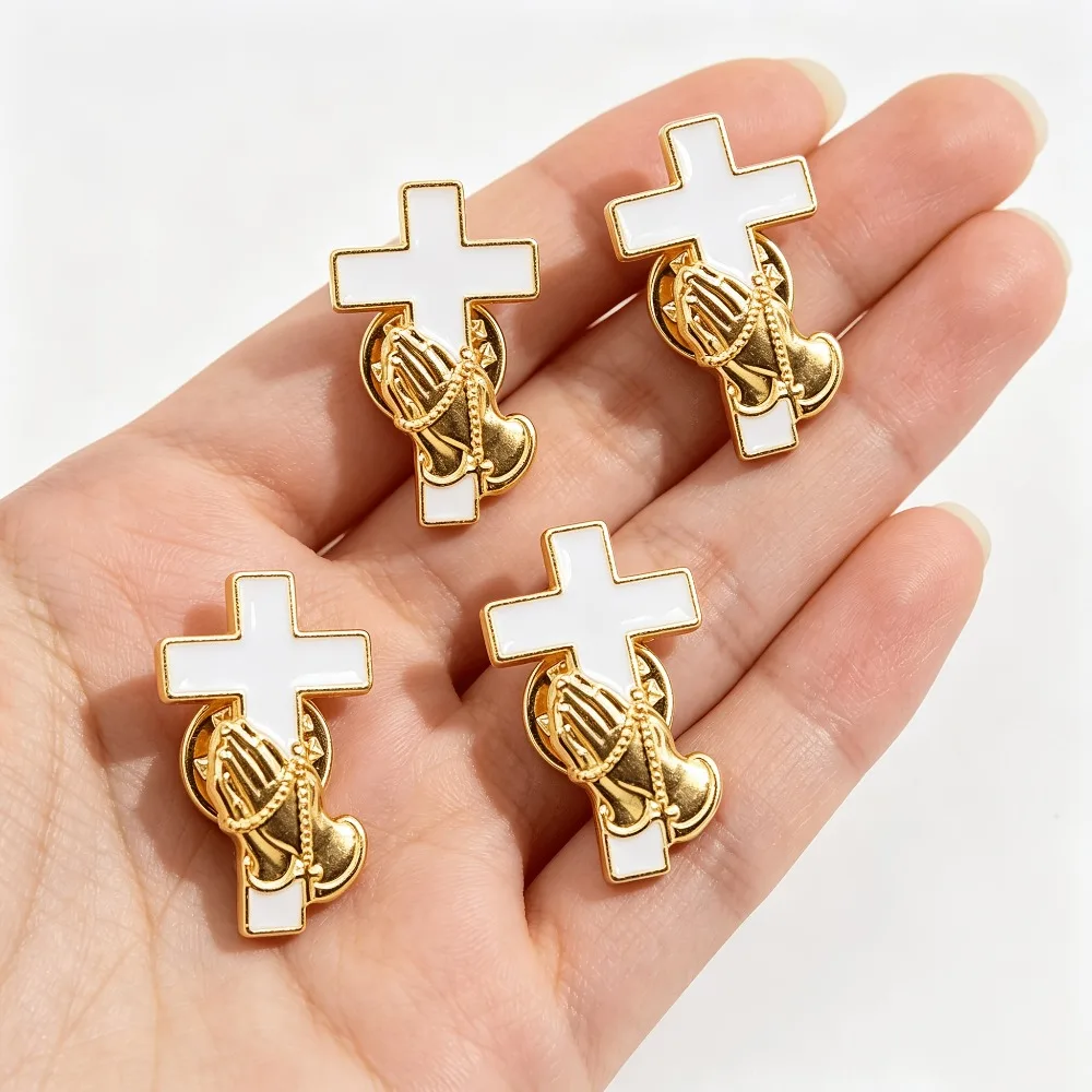 10‑20 Pcs Alloy Prayer Hands Cross Enamel Brooch Religious Pin First Communion Favor Brooch Baptism Church Event Favor