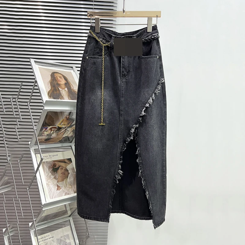 Black High Waist Split Denim Skirt Women's Spring/Summer Large Medium Length A-line Wrapped Hip Long Skirt